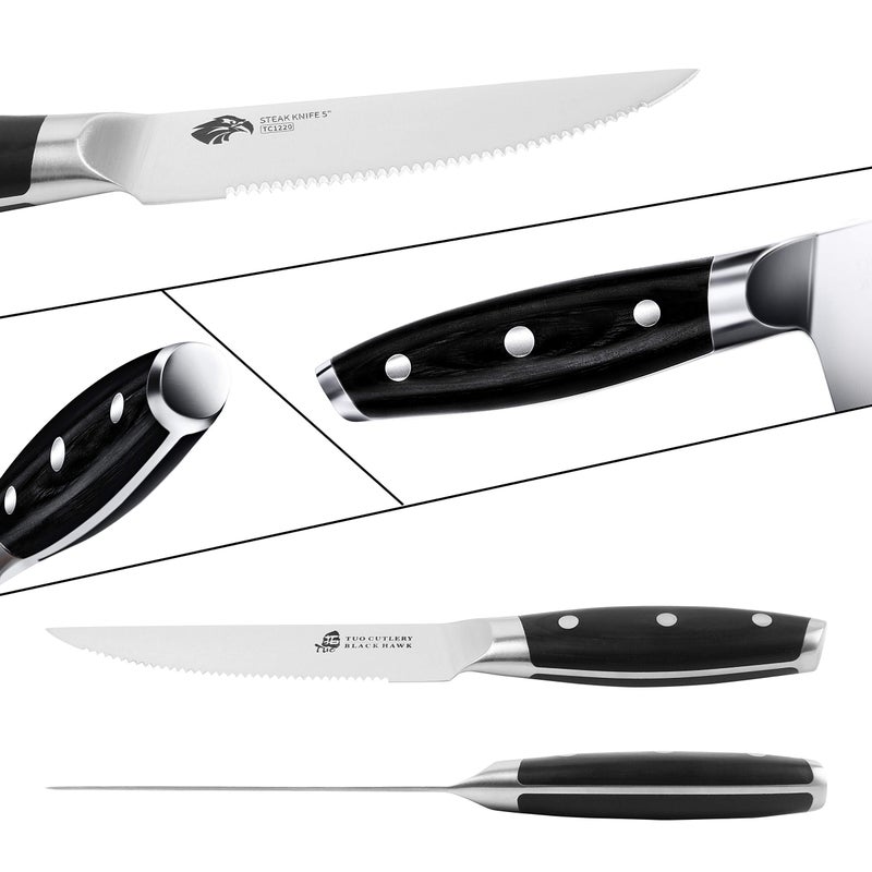TUO Serrated Steak Knife - 5 inch Professional Kitchen Steak Knife Set 4 - Table Dinner Knife - German HC Stainless Steel Non Slip Pakkawood Handle - BLACK HAWK SERIES Including Gift Box - Image 4